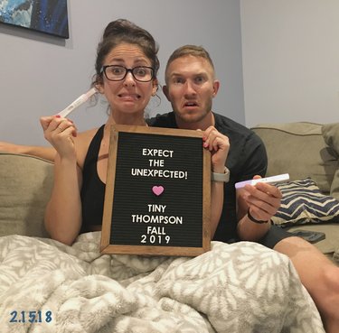 The morning Sarah and Brett found out they were pregnant. They were so overwhelmed, they added a year to her delivery date! Whoops