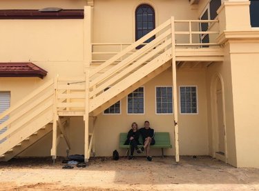 Taking a pit-stop at the Surf LifeSaving Club on the regular Newport Beach walk with Luna